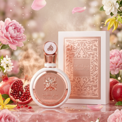 Fakhar Rose de Lattafa Perfumes, fragancia floral femenina con jazmín, nardos, rosa, vainilla y almizcle blanco, perfume árabe elegante para mujer.