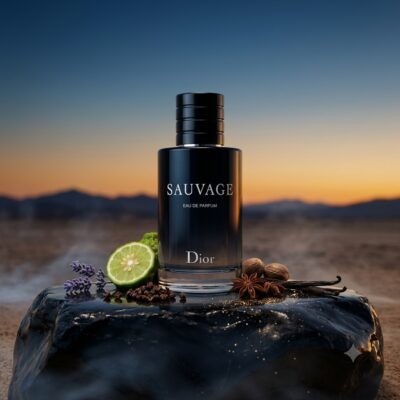 Perfume Sauvage Eau de Parfum de Dior con notas de bergamota, pimienta de Sichuan, lavanda, anís estrellado, nuez moscada, ambroxan y vainilla. Fragancia oriental fougère para hombre.
