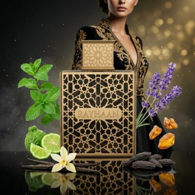 Perfume Rayhaan Elixir de Rayhaan con notas de menta, bergamota, lavanda, benjuí, vainilla y haba tonka. Fragancia oriental amaderada unisex.