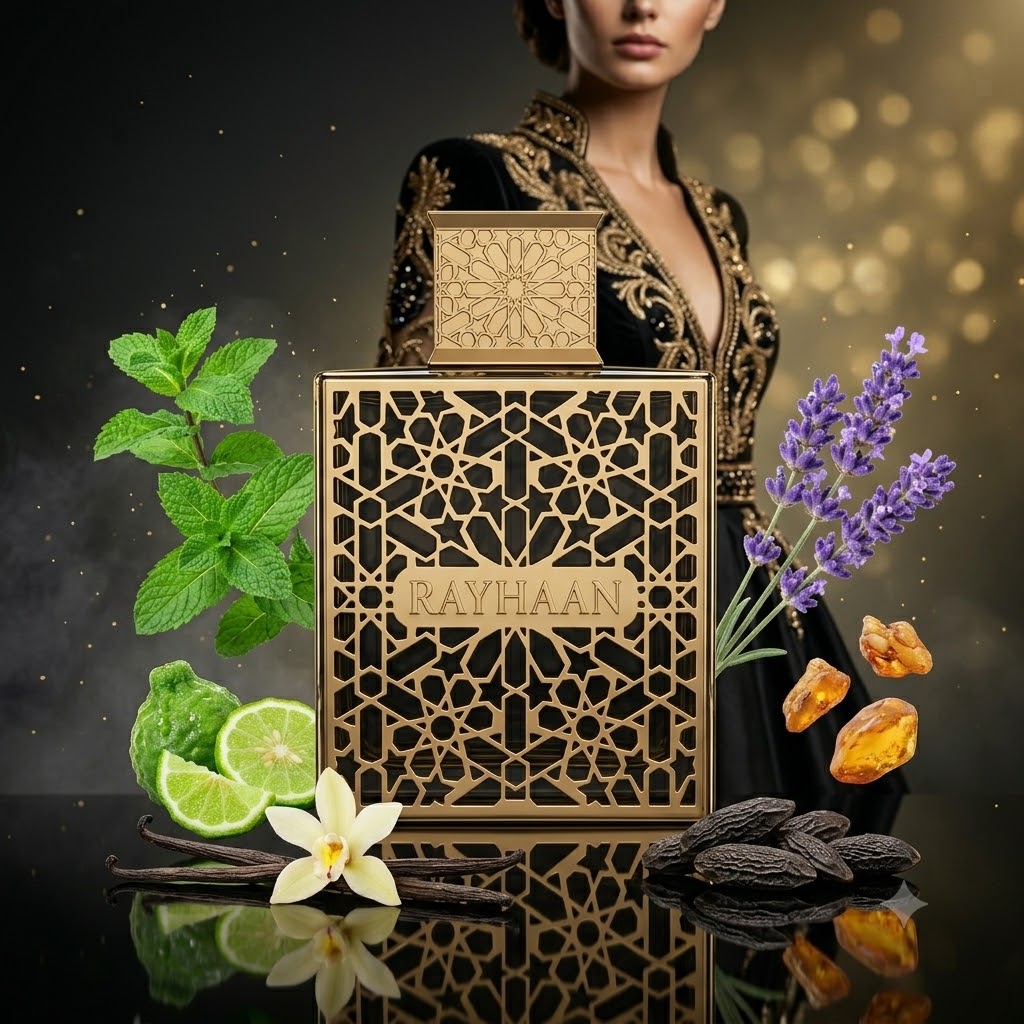 Perfume Rayhaan Elixir de Rayhaan con notas de menta, bergamota, lavanda, benjuí, vainilla y haba tonka. Fragancia oriental amaderada unisex.