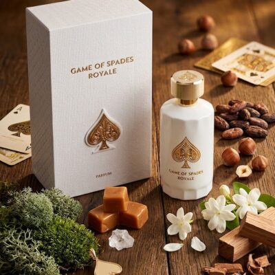 Perfume Game of Spades Royale de Jo Milano Paris con notas de cacao, avellana, jazmín sambac, caramelo, ambroxan y musgo. Fragancia unisex gourmand amaderada.