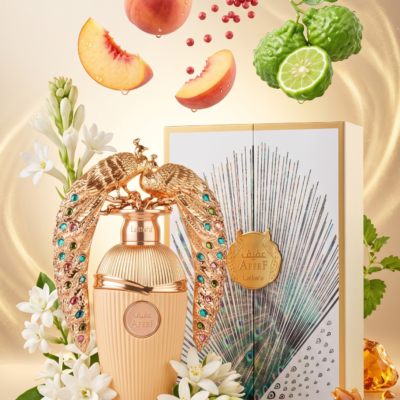 Perfume Afeef de Lattafa con notas de durazno, bergamota, jazmín, nardos, praliné, sándalo y ámbar. Fragancia unisex floral oriental gourmand.