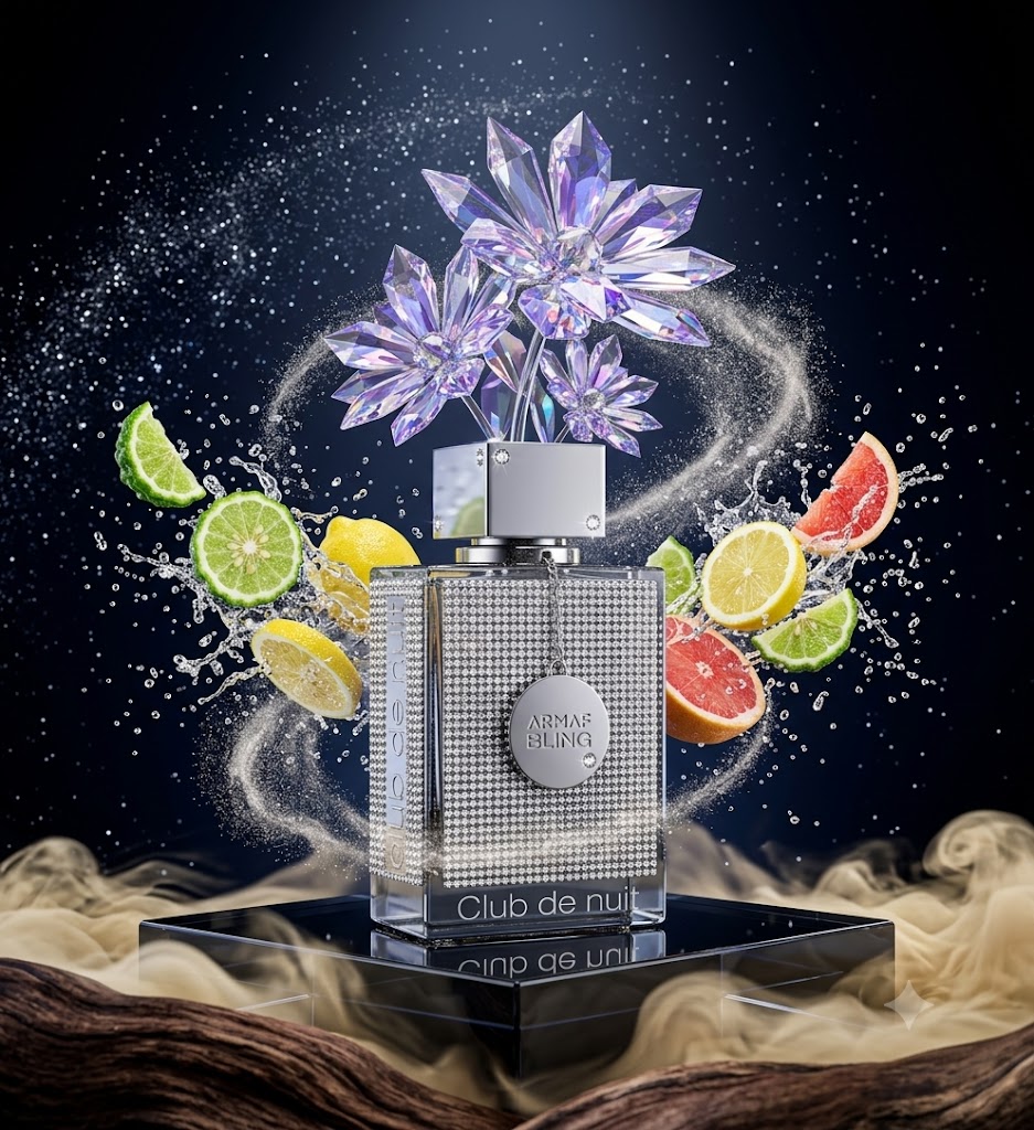 Perfume Club de Nuit Bling de Armaf con notas de cítricos, Prisma Floral, Polvo de Estrellas, maderas aterciopeladas y vainilla. Fragancia amaderada aromática unisex.