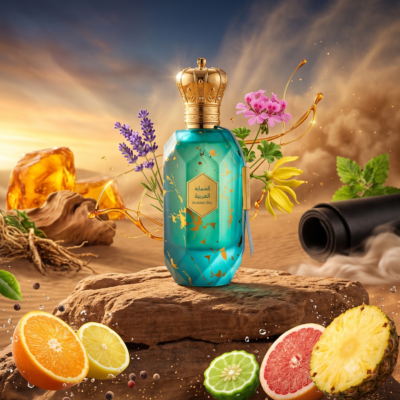 Perfume Arabian Sky de Armaf con notas de naranja, piña, limón, bergamota, caramelo, cuero, ámbar y cedro. Fragancia amaderada aromática unisex.