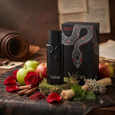 Perfume Vulcan Black Friday de French Avenue para hombre con notas de azafrán, manzana, canela, cuero, pachulí y almizcle. Fragancia de cuero masculina.