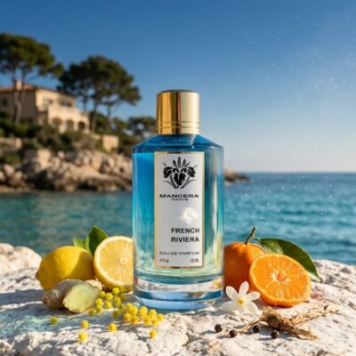 Perfume French Riviera de Mancera con notas de limón, naranja, mandarina, jengibre, notas marinas, flor de tiaré, sal marina, almizcle blanco y ámbar. Fragancia acuática aromática unisex.