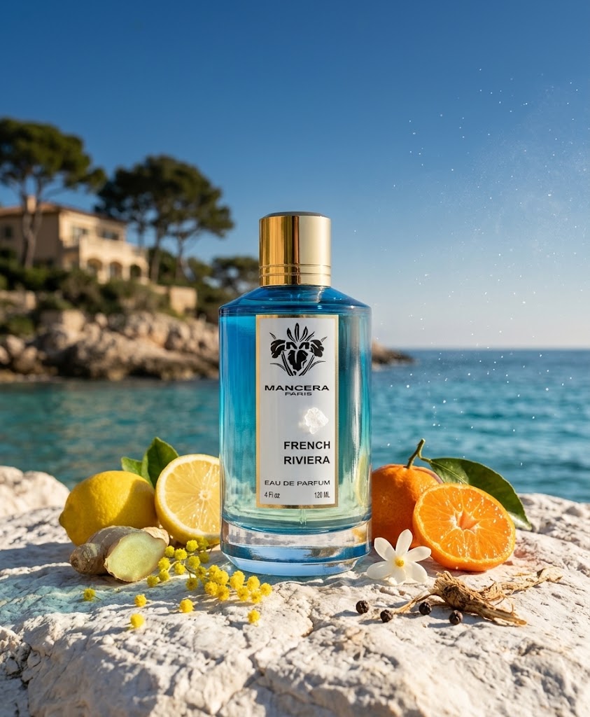 Perfume French Riviera de Mancera con notas de limón, naranja, mandarina, jengibre, notas marinas, flor de tiaré, sal marina, almizcle blanco y ámbar. Fragancia acuática aromática unisex.