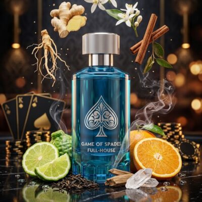 Perfume Game of Spades Full House de Jo Milano Paris con notas de cidra, bergamota de Calabria, naranja siciliana, jengibre, té negro, ambroxan e incienso. Fragancia unisex cítrica amaderada especiada.