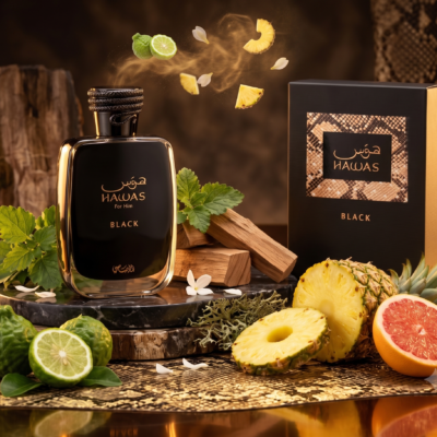 Perfume Hawas Black de Rasasi para hombre con bergamota, piña, pomelo, pachulí, cedro y ámbar. Fragancia aromática frutal masculina.