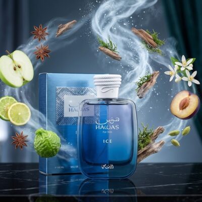 Perfume Hawas Ice de Rasasi con notas de manzana, limón italiano, bergamota, cardamomo, ámbar, almizcle y maderas. Fragancia aromática masculina.
