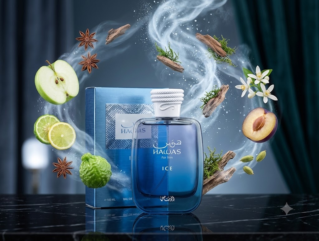 Perfume Hawas Ice de Rasasi con notas de manzana, limón italiano, bergamota, cardamomo, ámbar, almizcle y maderas. Fragancia aromática masculina.