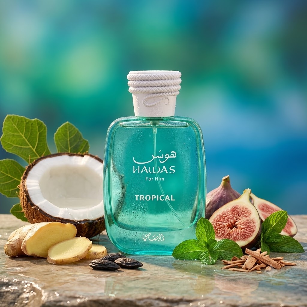 Perfume Hawas Tropical de Rasasi con notas de agua de coco, hojas de higuera, jengibre, coco, higo, menta, sándalo y haba tonka. Fragancia aromática verde masculina.
