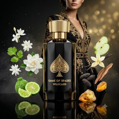Perfume Game of Spades Wildcard de Jo Milano Paris con notas de bergamota, flores, cilantro, manzana, ambroxan, vainilla, haba tonka y ámbar gris. Fragancia almizcle floral amaderada unisex.