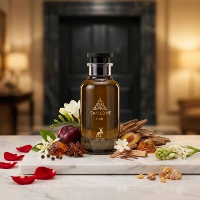 Perfume Jean Lowe Noir de Maison Alhambra con notas de madera de oud, incienso, rosa, frambuesa, azafrán, ámbar y benjuí. Fragancia oriental amaderada unisex.