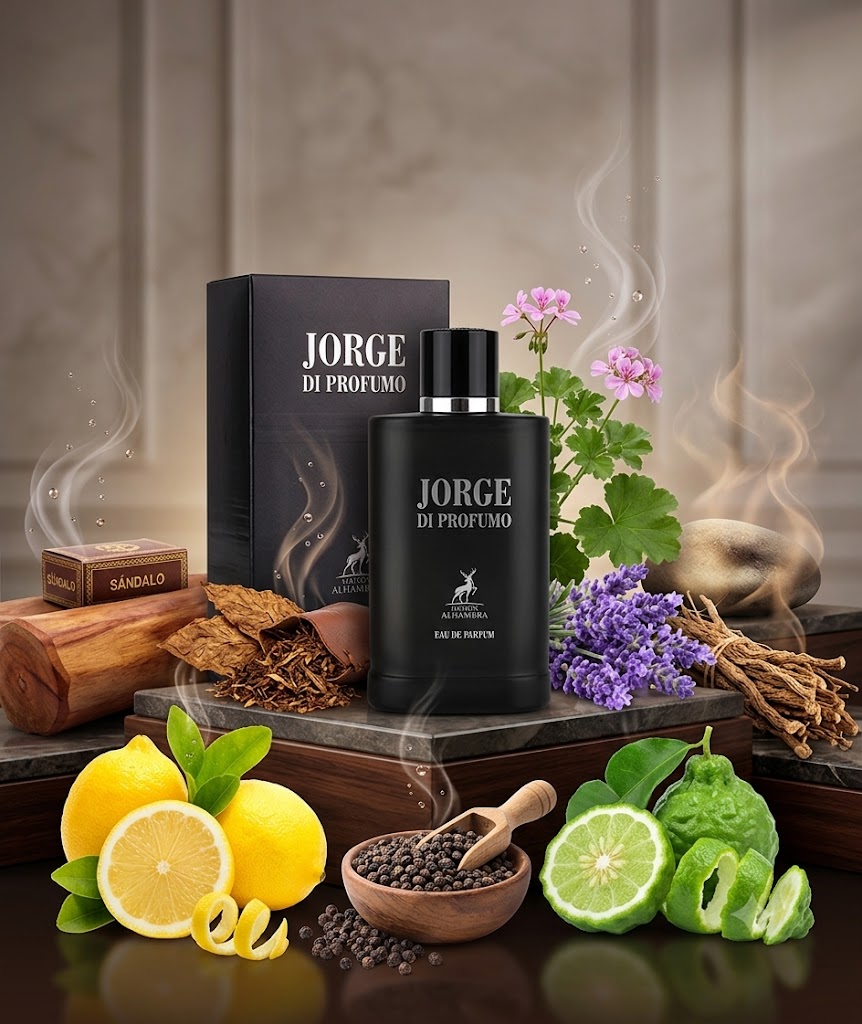 Perfume Jorge Di Profumo de Maison Alhambra con notas de bergamota, limón siciliano, lavanda, tabaco, sándalo, vetiver y almizcle. Fragancia aromática masculina.