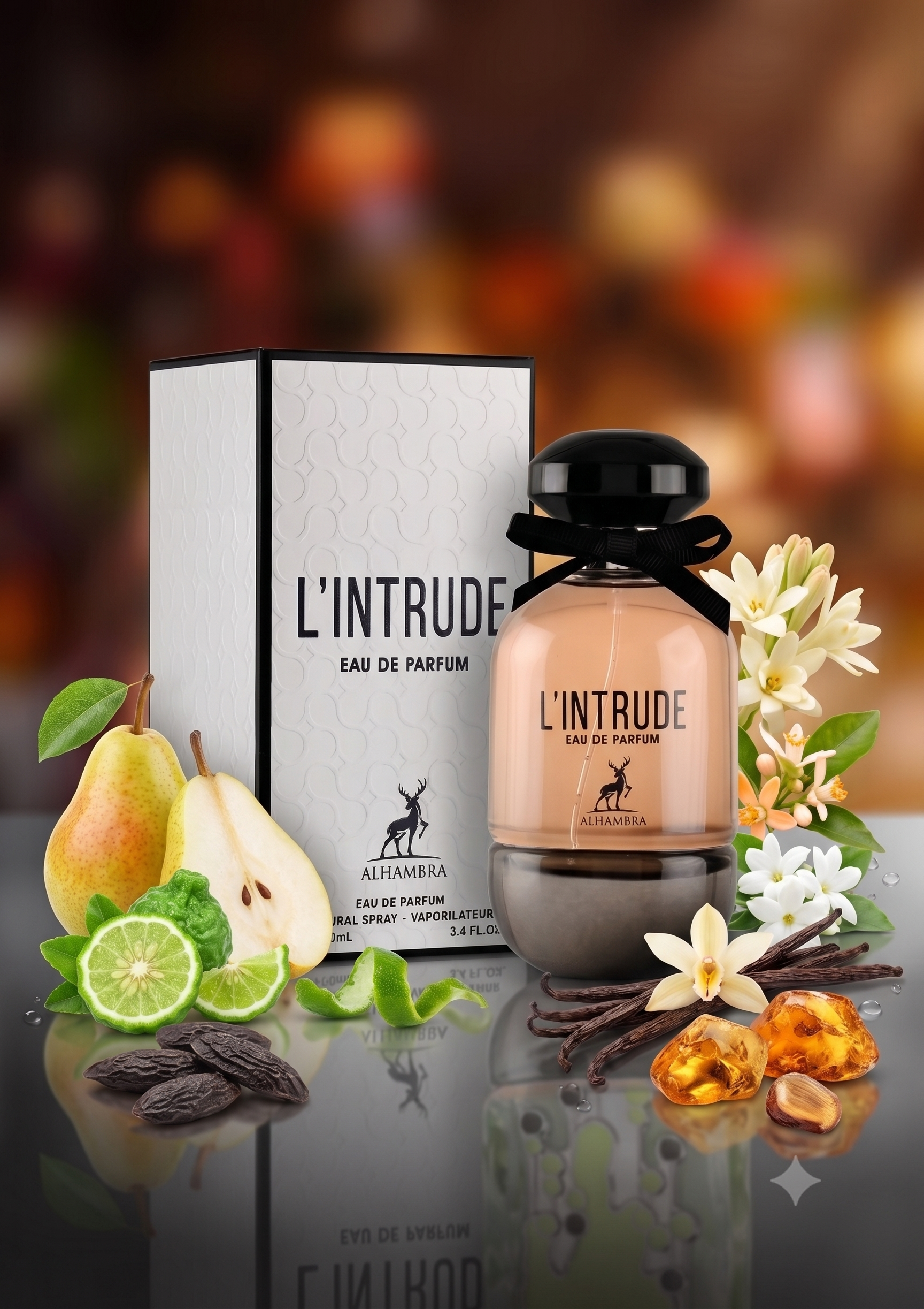 Perfume L'Intrude de Maison Alhambra con notas de pera, bergamota, nardos, flor de azahar, jazmín sambac, pachulí, ambroxan, vainilla y vetiver. Fragancia floral femenina.