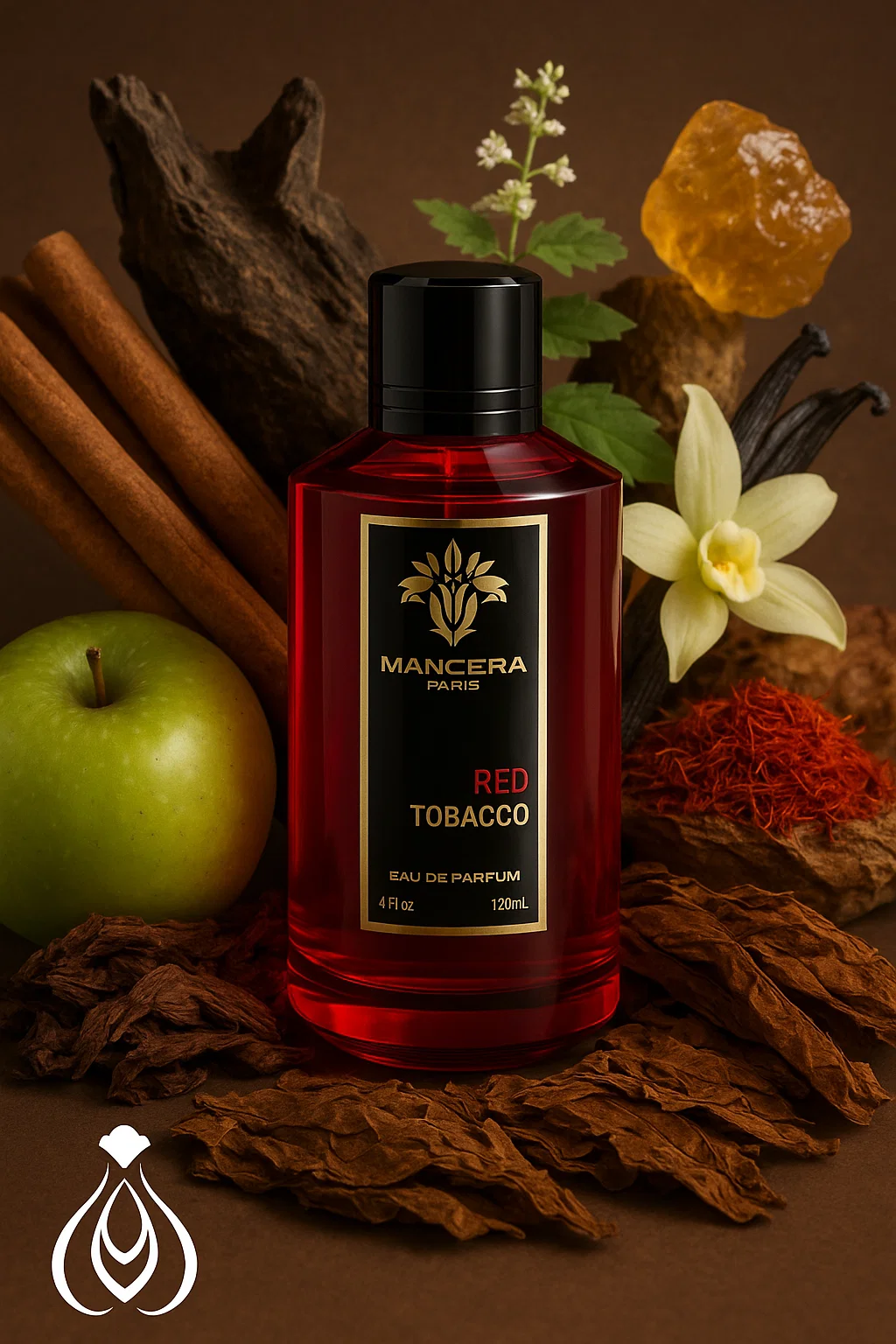 Perfume Red Tobacco de Mancera con notas de tabaco, madera de oud, incienso, canela, vainilla de Madagascar, ámbar y sándalo. Fragancia amaderada especiada unisex.
