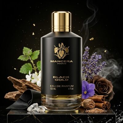 Perfume Black Gold de Mancera con notas de lavanda, canela, madera de oud, cuero, pachulí, ámbar y vetiver. Fragancia de cuero para hombre.