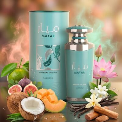 Perfume Mayar Natural Intense de Lattafa Perfumes con notas de mandarina verde, higo, agua de coco, melón, flor de loto, jazmín, vainilla y sándalo. Fragancia femenina floral frutal acuática.