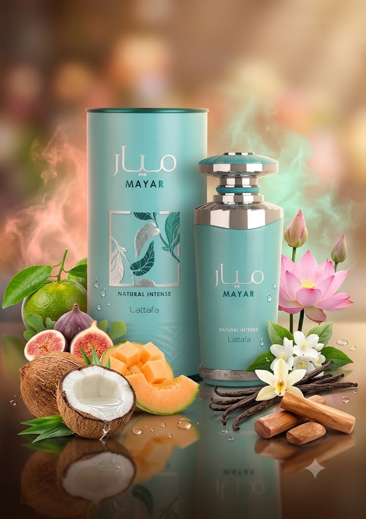 Perfume Mayar Natural Intense de Lattafa Perfumes con notas de mandarina verde, higo, agua de coco, melón, flor de loto, jazmín, vainilla y sándalo. Fragancia femenina floral frutal acuática.