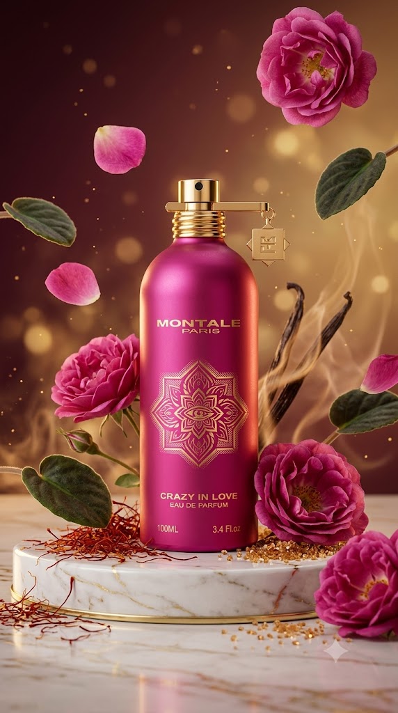 Una escena publicitaria de lujo protagonizada por el perfume Crazy In Love de Montale, con el frasco perfectamente centrado sobre una elegante base de mármol blanco con delicados reflejos dorados. La composición transmite una atmósfera romántica, apasionada y sofisticada, inspirada en el lujo parisino. Alrededor del frasco flotan rosas silvestres en plena floración con pétalos suspendidos en el aire y hojas de violeta de intenso color verde aterciopelado, creando un movimiento natural y elegante. En el centro de la escena aparecen finísimos hilos de azafrán mezclados con pequeños cristales de azúcar moreno iluminados por una cálida luz dorada que resalta su textura. En el fondo, una delicada neblina de ámbar líquido y suaves vainas de vainilla abiertas desprenden un efecto envolvente, sensual y cálido. El fondo presenta un degradado en tonos burdeos, vino, dorado y ámbar con un elegante bokeh de luces difuminadas que aporta profundidad. La iluminación cinematográfica combina luz principal suave con contraluz cálido para generar reflejos realistas sobre el cristal y el metal del frasco. Sutiles partículas luminosas flotan alrededor, aportando un aire mágico y exclusivo. Fotografía de producto premium para perfumería de lujo, composición perfectamente equilibrada, profundidad de campo reducida, enfoque extremadamente nítido sobre el perfume, texturas hiperrealistas, reflejos naturales, colores ricos y elegantes, ambiente romántico y sofisticado, calidad publicitaria internacional, ultra realista, 8K, HDR, iluminación de estudio profesional, lente macro de 85 mm, f/2.8, fotografía de alta gama, sin personas, sin texto, sin logotipos adicionales, fondo limpio y exclusivo. para una imagen de producto en mi tienda web