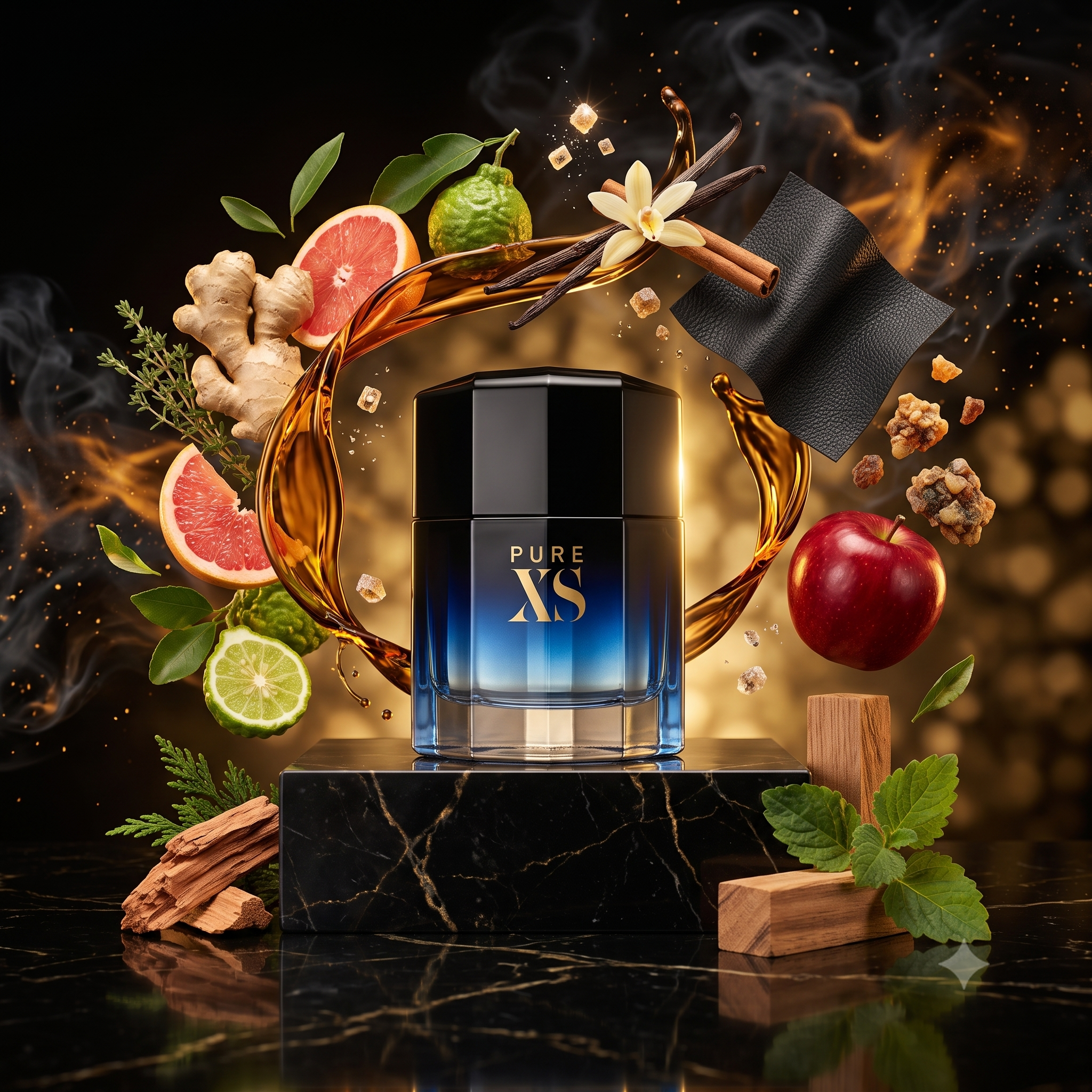 Perfume Pure XS de Rabanne para hombre con jengibre, vainilla, cuero, canela, pachulí y cedro. Fragancia aromática especiada masculina.
