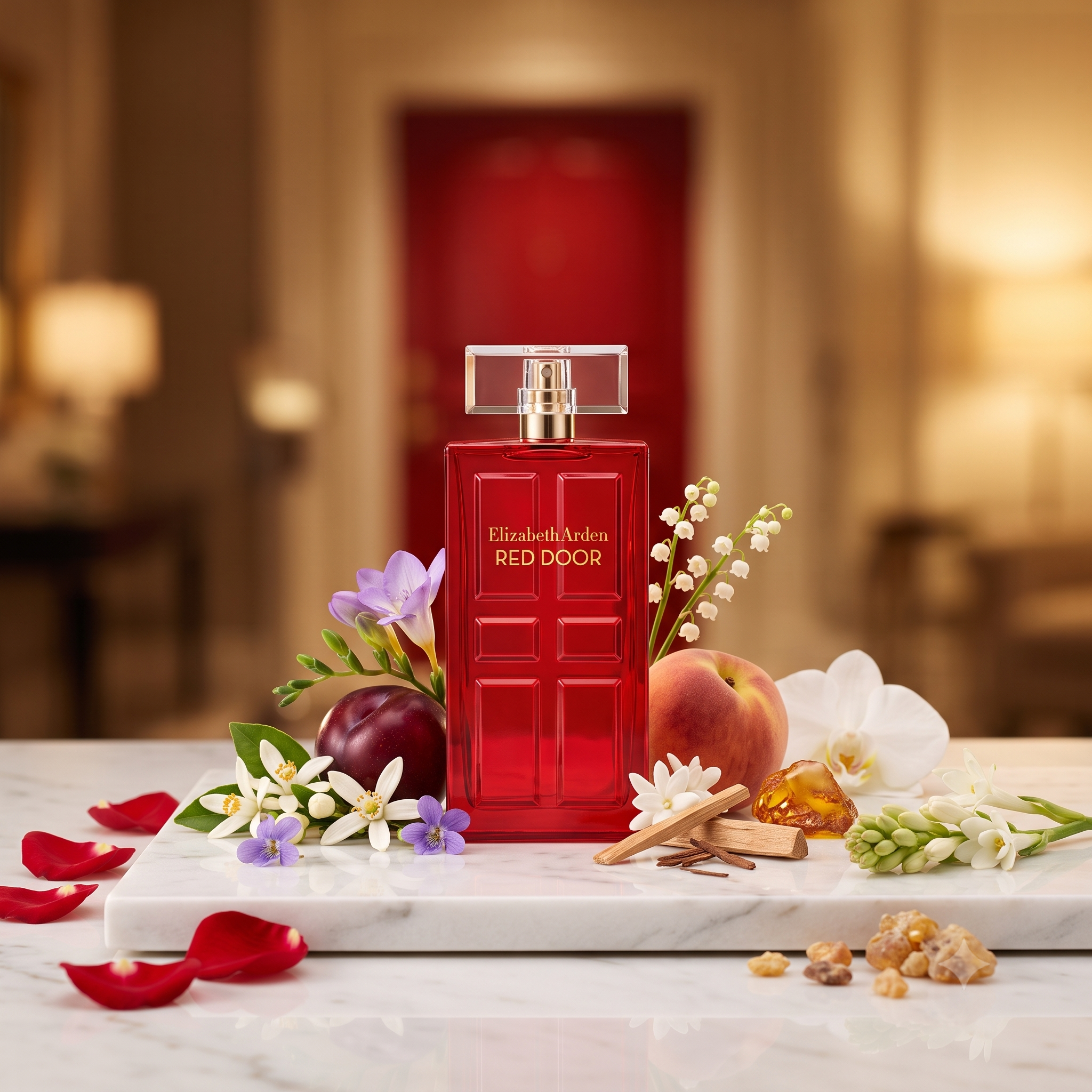 Perfume Red Door de Elizabeth Arden para mujer con notas de rosa, durazno, miel, nardos, sándalo, ámbar y almizcle. Fragancia oriental floral clásica.