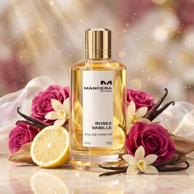 Perfume Roses Vanille de Mancera con notas de limón italiano, rosa turca, vainilla, almizcle blanco y cedro. Fragancia oriental vainilla femenina.