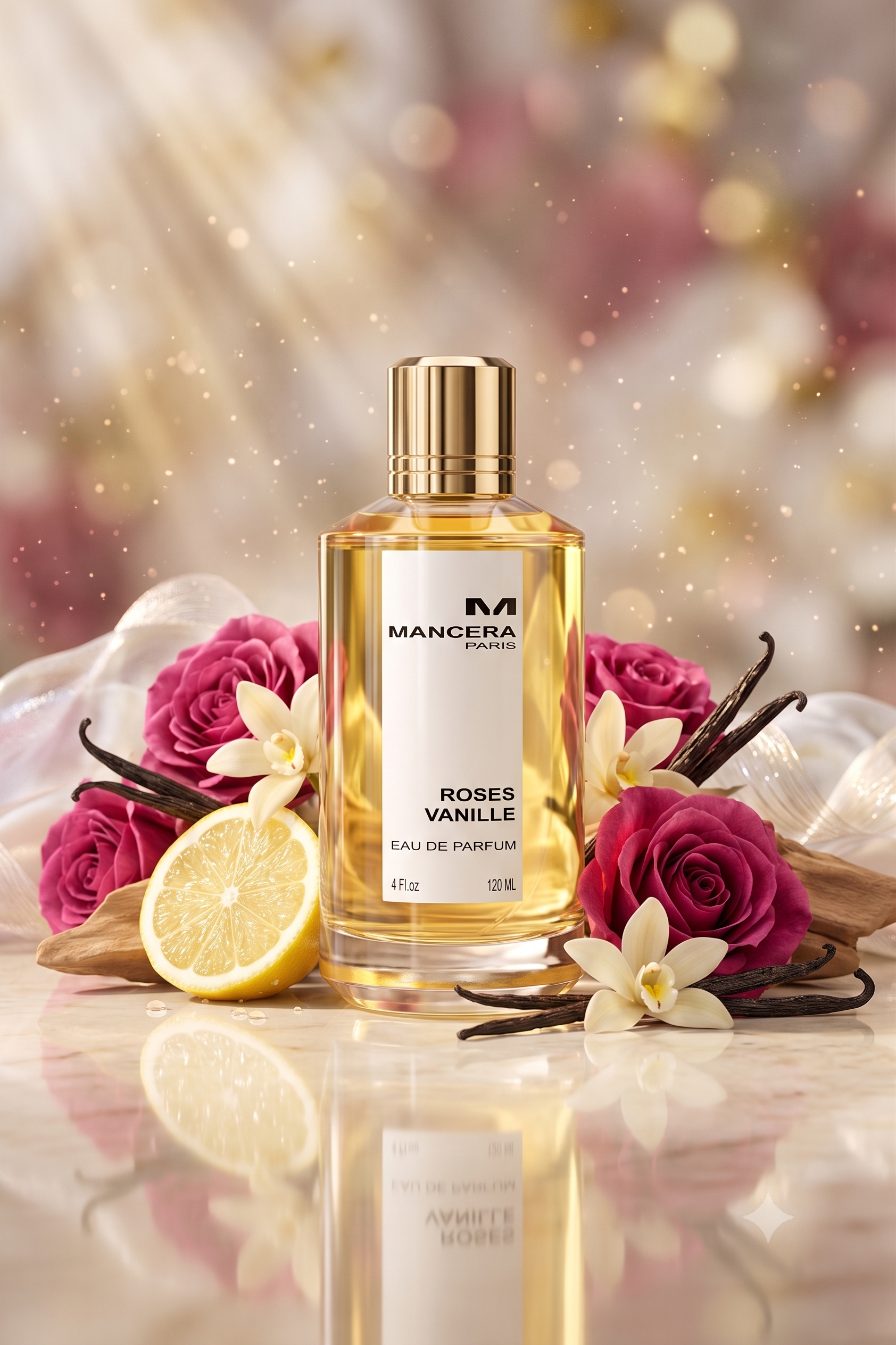 Perfume Roses Vanille de Mancera con notas de limón italiano, rosa turca, vainilla, almizcle blanco y cedro. Fragancia oriental vainilla femenina.