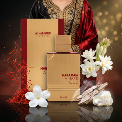 Perfume Amber Oud Rouge de Al Haramain Perfumes con notas de azafrán, jazmín, ámbar gris, almizcle y extracto de cedro blanco. Fragancia oriental floral unisex.