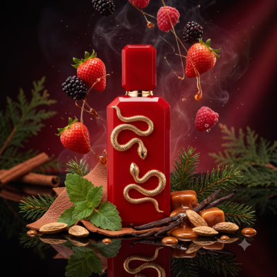 Perfume Veneno Scarlet de French Avenue con notas de fresa, zarzamora, caramelo, frambuesa, cuero, haba tonka y vainilla. Fragancia gourmand unisex.
