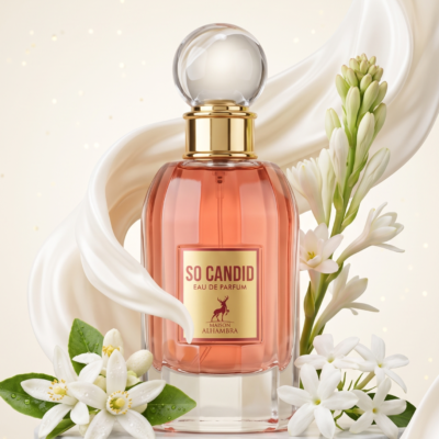 Perfume So Candid de Maison Alhambra para mujer con flor de azahar, nardos, jazmín y acorde de leche. Fragancia floral cremosa y elegante.