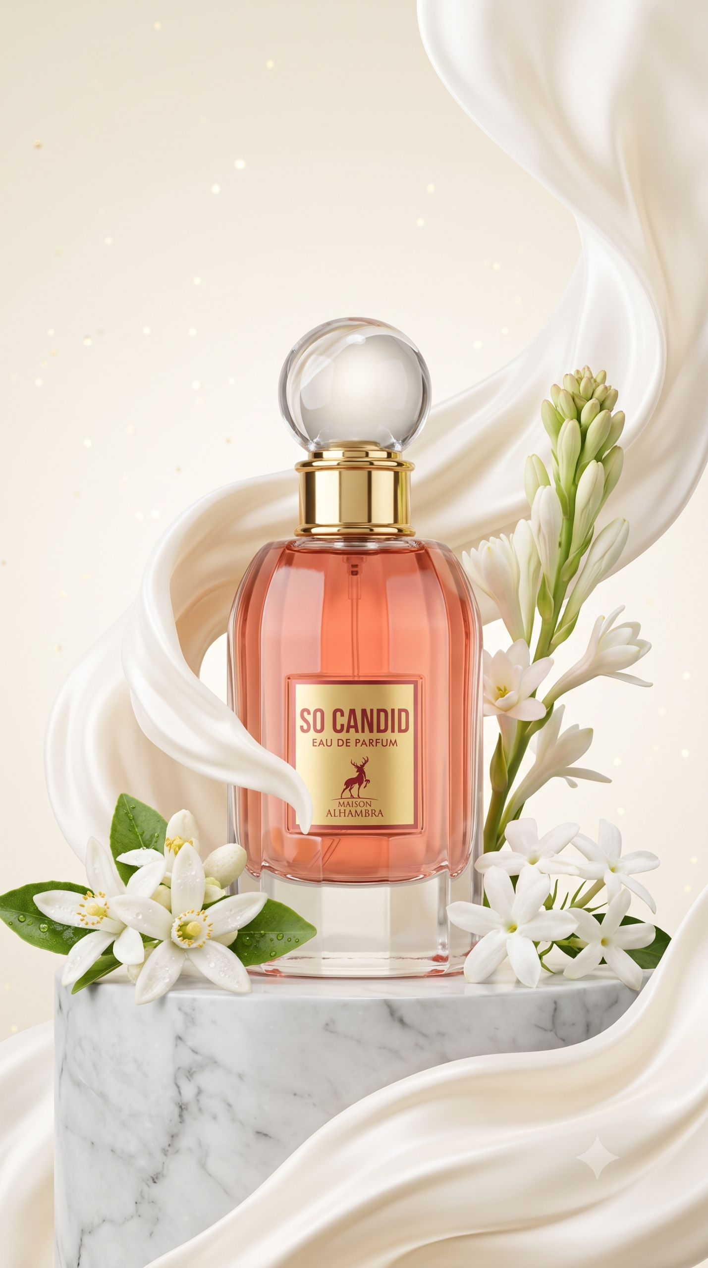 Perfume So Candid de Maison Alhambra para mujer con flor de azahar, nardos, jazmín y acorde de leche. Fragancia floral cremosa y elegante.