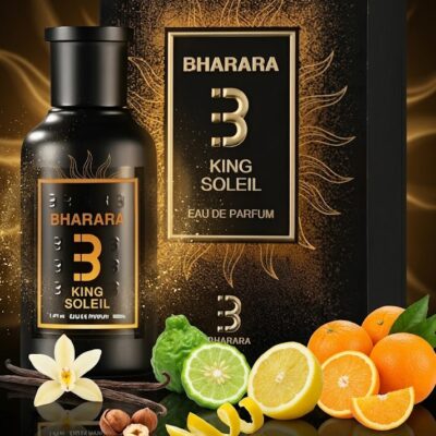 Perfume King Soleil de Bharara con notas de vainilla de Madagascar, avellana, bergamota de Calabria, limón siciliano, naranja siciliana y sándalo. Fragancia cítrica gourmand unisex.