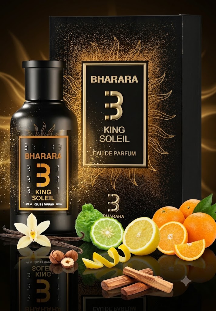 Perfume King Soleil de Bharara con notas de vainilla de Madagascar, avellana, bergamota de Calabria, limón siciliano, naranja siciliana y sándalo. Fragancia cítrica gourmand unisex.