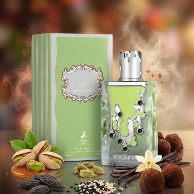 Perfume Sugar Me Pistachio Chocolate de Maison Alhambra con notas de pistacho, caramelo, haba tonka, cardamomo, sésamo, vainilla, chocolate y ámbar. Fragancia oriental vainilla unisex.