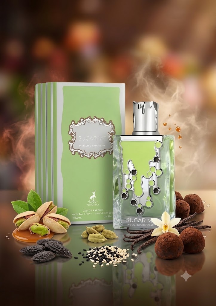 Perfume Sugar Me Pistachio Chocolate de Maison Alhambra con notas de pistacho, caramelo, haba tonka, cardamomo, sésamo, vainilla, chocolate y ámbar. Fragancia oriental vainilla unisex.