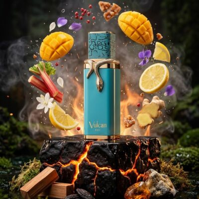 Perfume Vulcan Feu de French Avenue con notas de mango, limón, jengibre, praliné, haba tonka, cedro y ámbar gris. Fragancia unisex floral frutal.