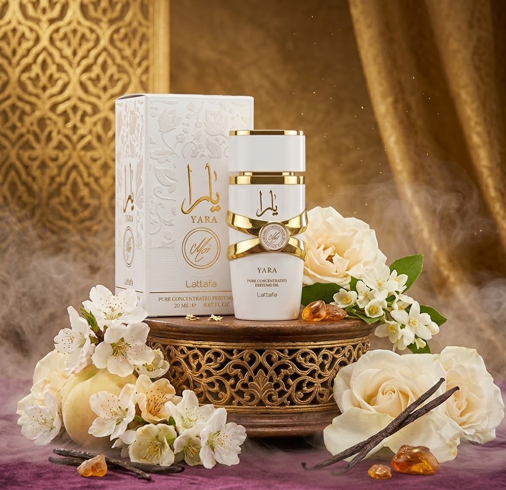 Perfume Yara Moi de Lattafa para mujer con notas de jazmín, durazno, caramelo, ámbar, pachulí y sándalo. Fragancia floral gourmand femenina.