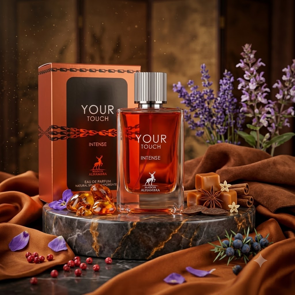 Perfume Your Touch Intense de Maison Alhambra con notas de pimienta rosa, tófe, canela, vainilla, haba tonka y gamuza. Fragancia oriental vainilla unisex.