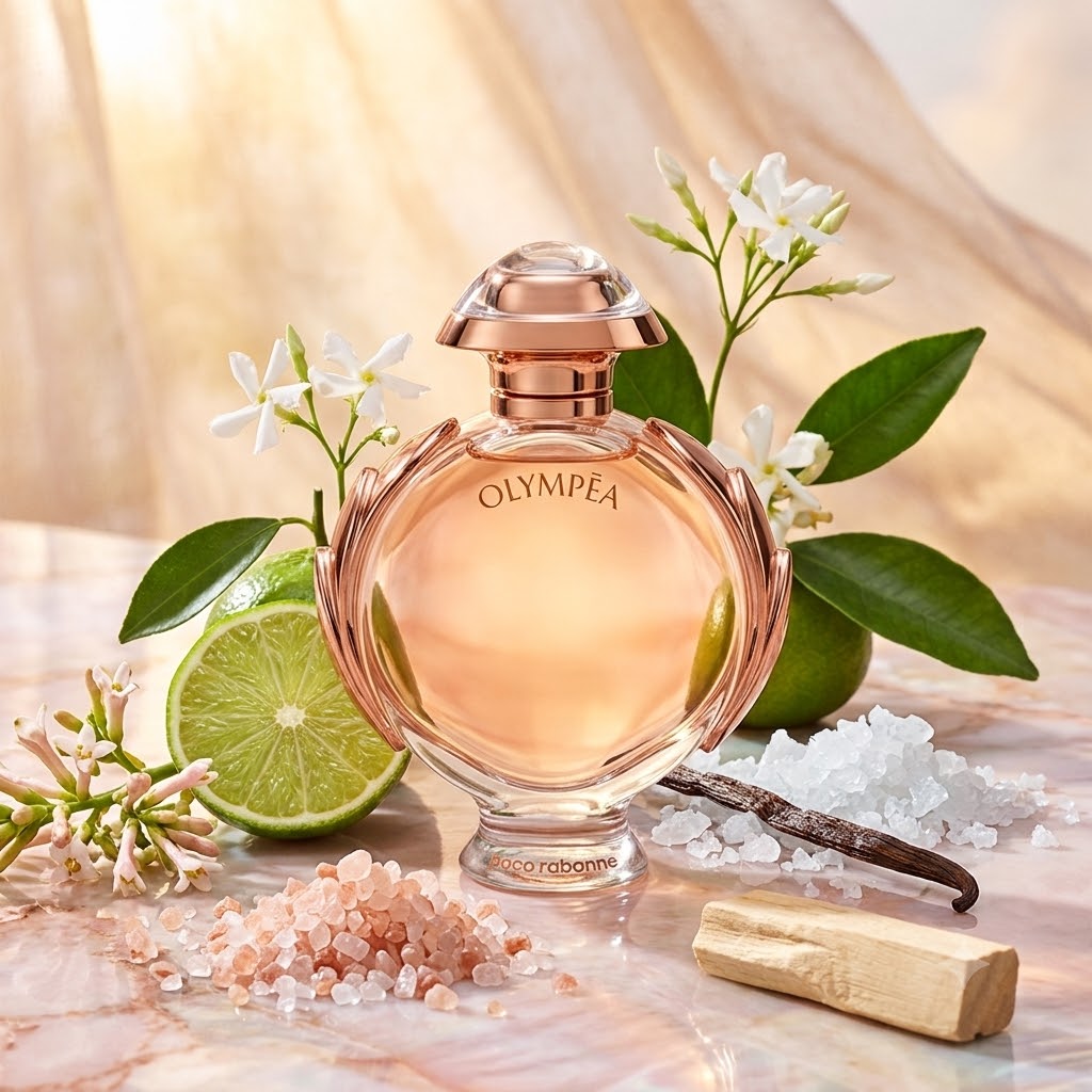 Perfume Olympéa de Rabanne con notas de jazmín de agua, mandarina verde, flor de jengibre, vainilla, sal, madera de cachemira, ámbar gris y sándalo. Fragancia oriental floral para mujer.perfumes de mujer paco rabanne