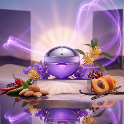 Perfume Ultraviolet de Rabanne con notas de pimienta, chabacano, almendras frescas, violeta, rosa, jazmín, vainilla, pachulí, ámbar y cedro. Fragancia oriental floral para mujer.
