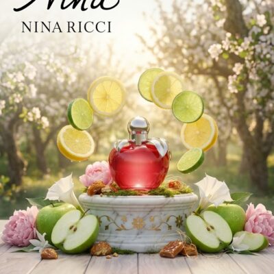 Perfume Nina de Nina Ricci con notas de limón de Amalfi, lima, manzana Granny Smith, praliné, peonía, datura, almizcle y cedro de Virginia. Fragancia floral frutal para mujer.