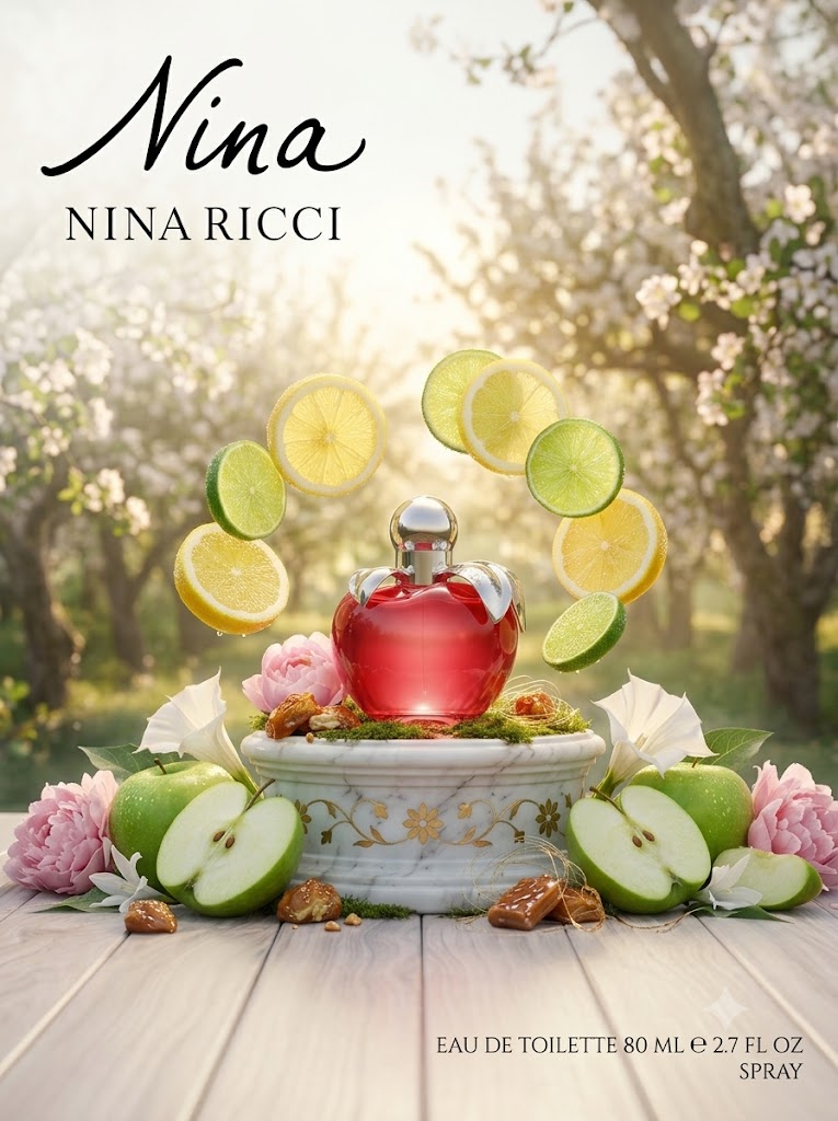 Perfume Nina de Nina Ricci con notas de limón de Amalfi, lima, manzana Granny Smith, praliné, peonía, datura, almizcle y cedro de Virginia. Fragancia floral frutal para mujer.